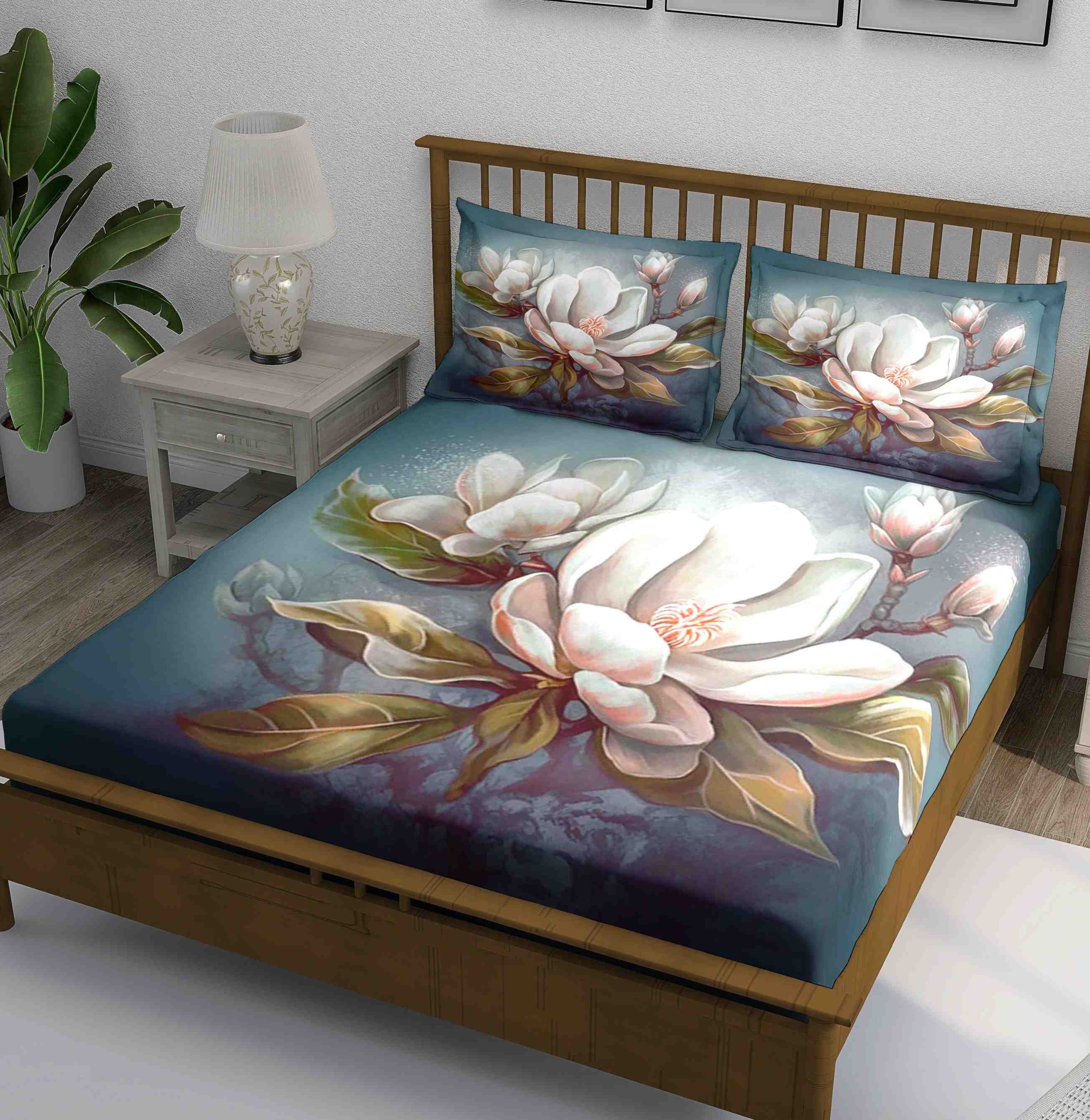 Teal Blue Magnolia Floral Bedsheet - Image 1