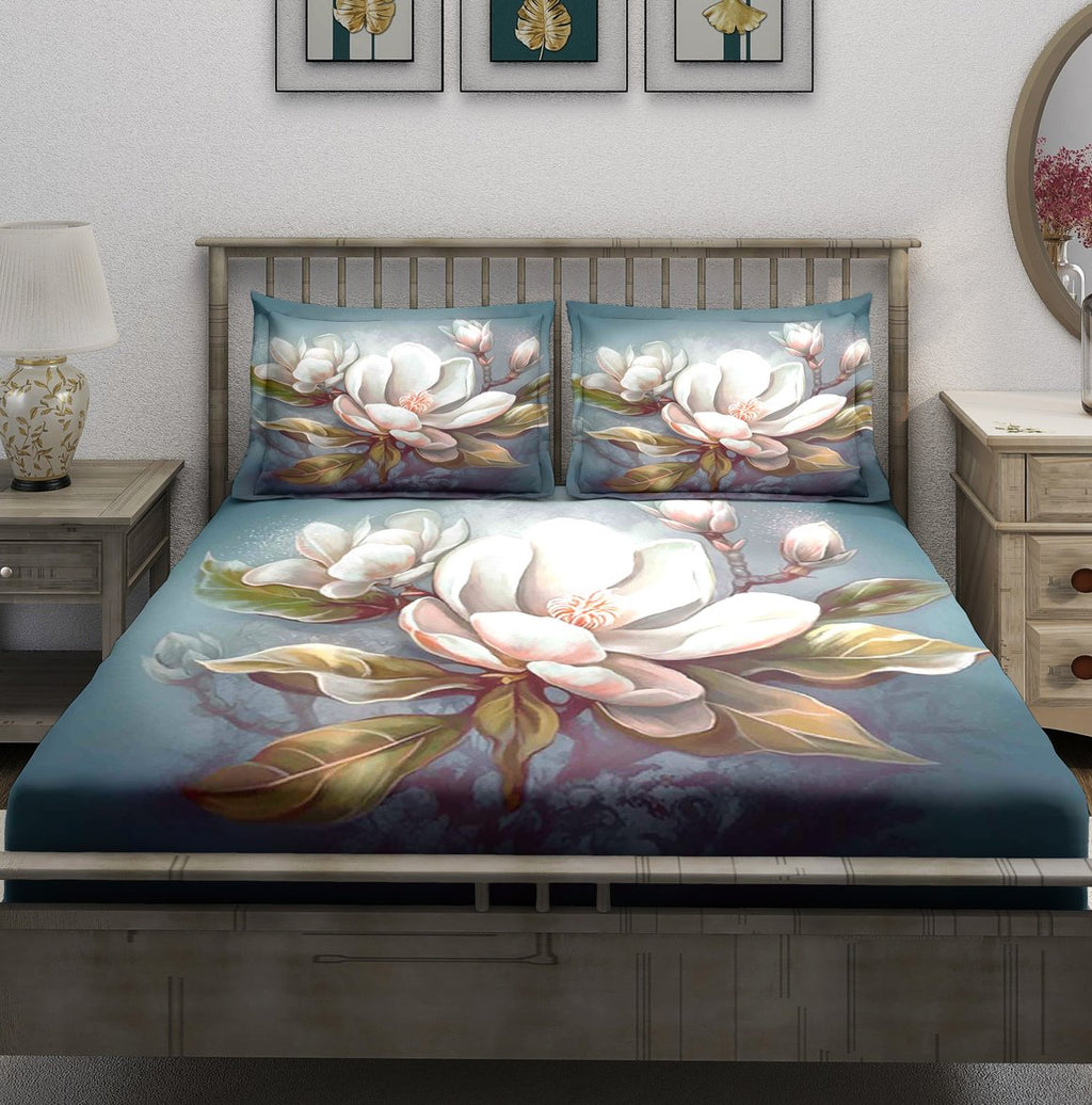 Teal Blue Magnolia Floral Bedsheet - Image 2