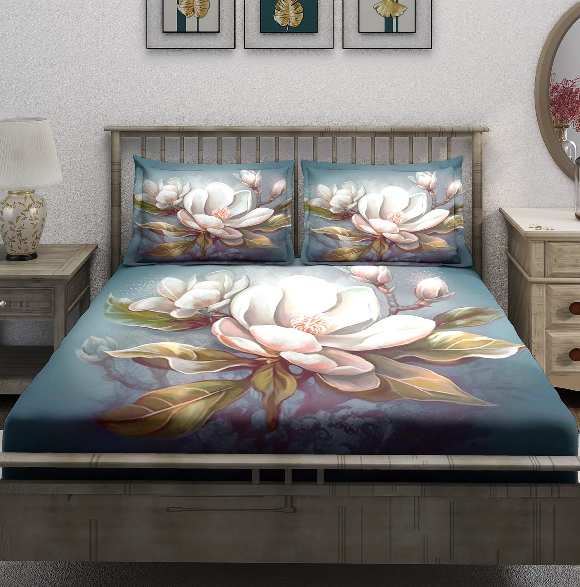 Teal Blue Magnolia Floral Bedsheet - Image 2