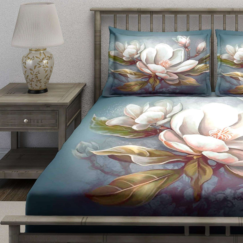 Teal Blue Magnolia Floral Bedsheet - Image 3
