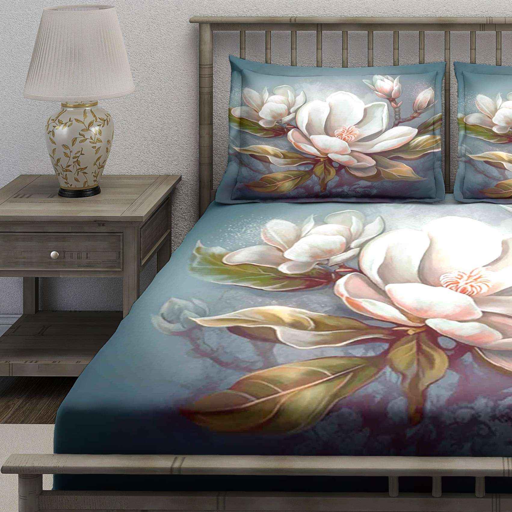 Teal Blue Magnolia Floral Bedsheet - Image 3
