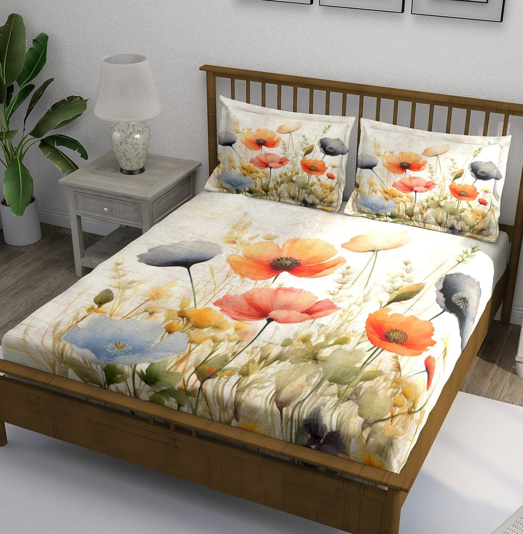 Cream Orange Blue Poppy Field Bedsheet - Image 1