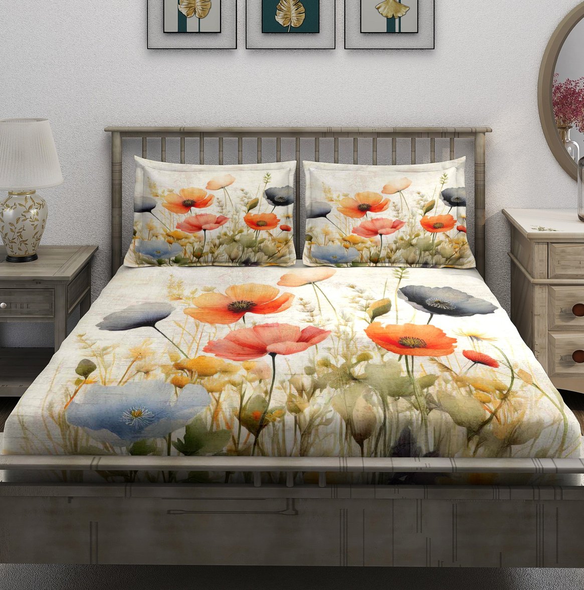 Cream Orange Blue Poppy Field Bedsheet - Image 2