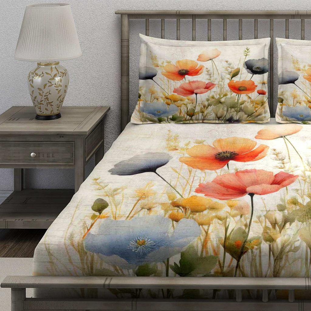 Cream Orange Blue Poppy Field Bedsheet - Image 3