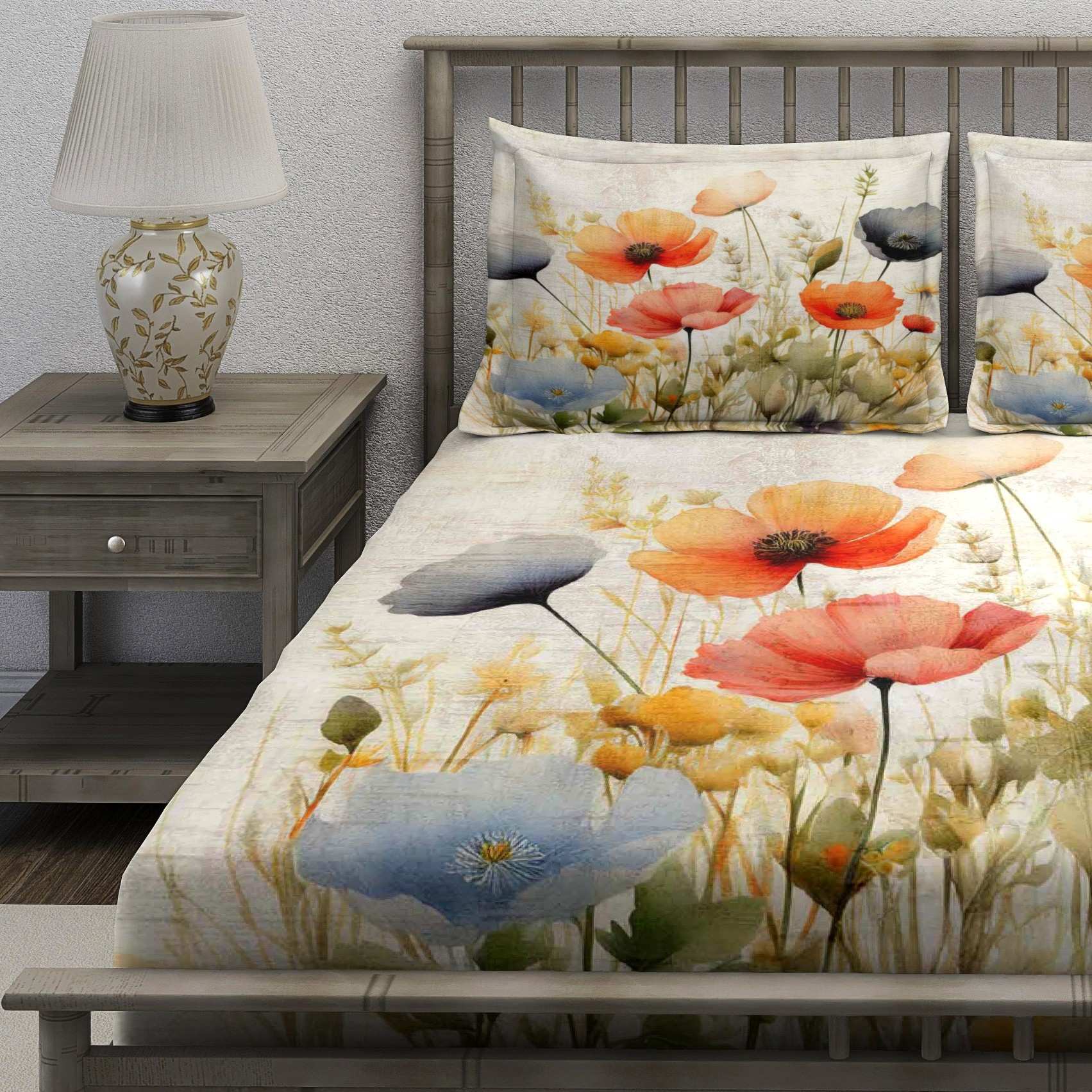 Cream Orange Blue Poppy Field Bedsheet - Image 3