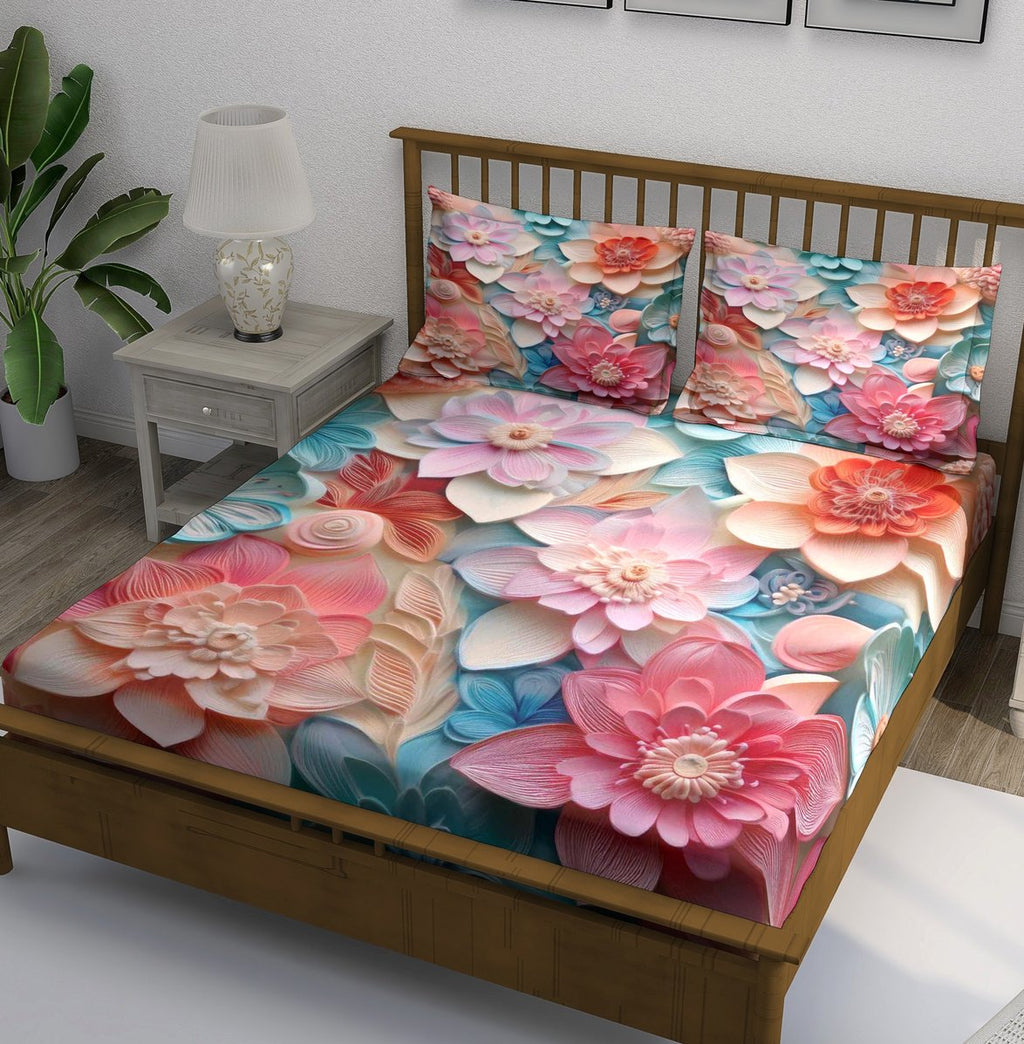 Teal Pink Coral Paper Dahlia Bedsheet - Image 1