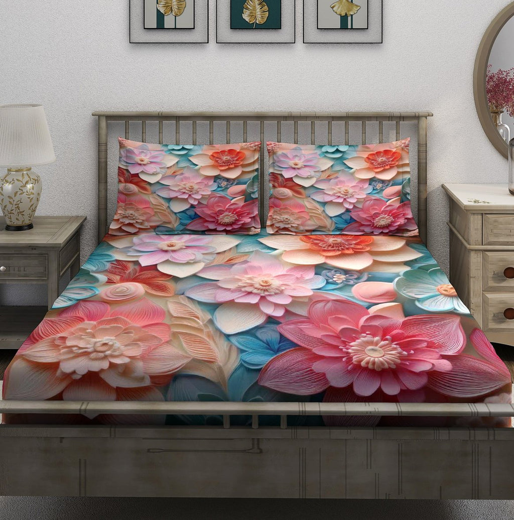 Teal Pink Coral Paper Dahlia Bedsheet - Image 2