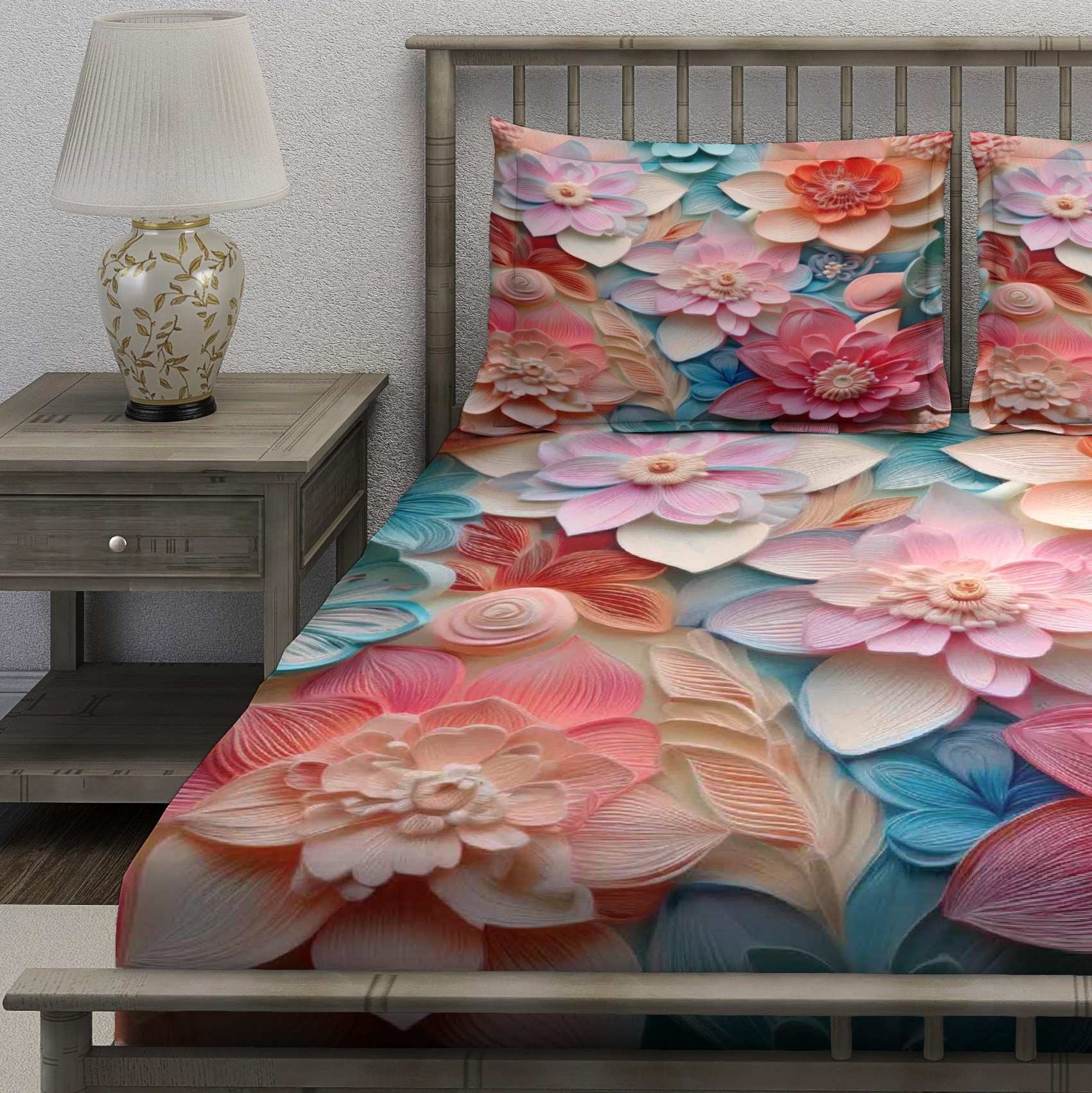 Teal Pink Coral Paper Dahlia Bedsheet - Image 3