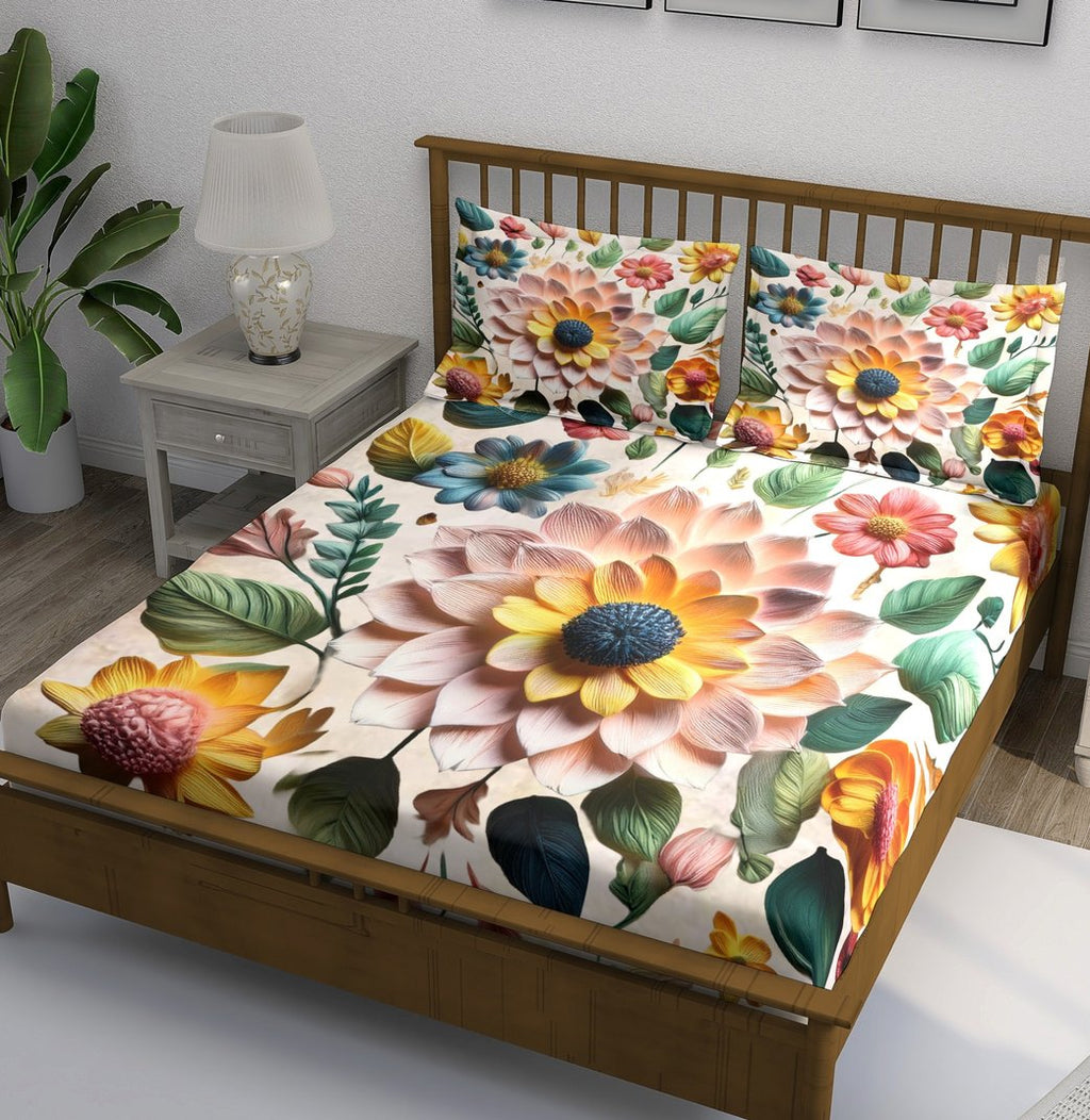 White Multicolor 3D Dahlia Garden Bedsheet - Image 1