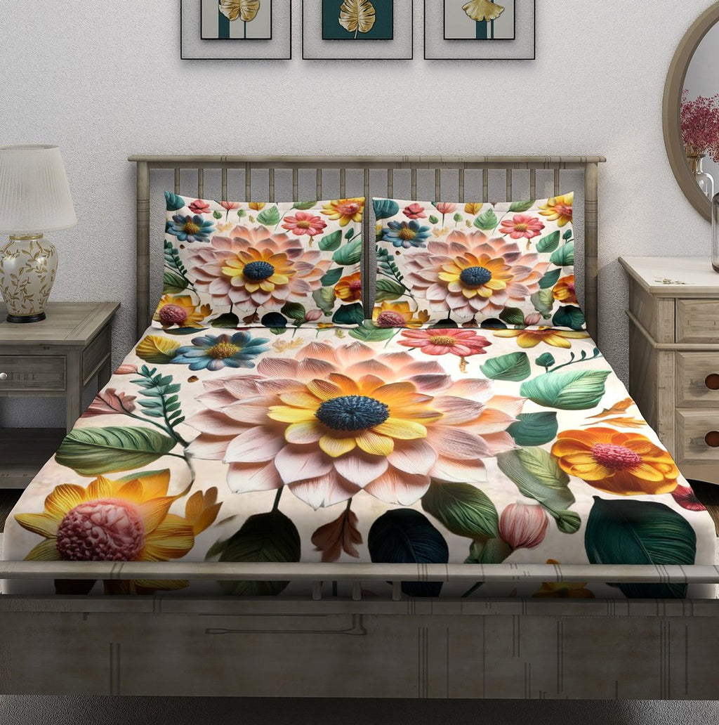White Multicolor 3D Dahlia Garden Bedsheet - Image 2