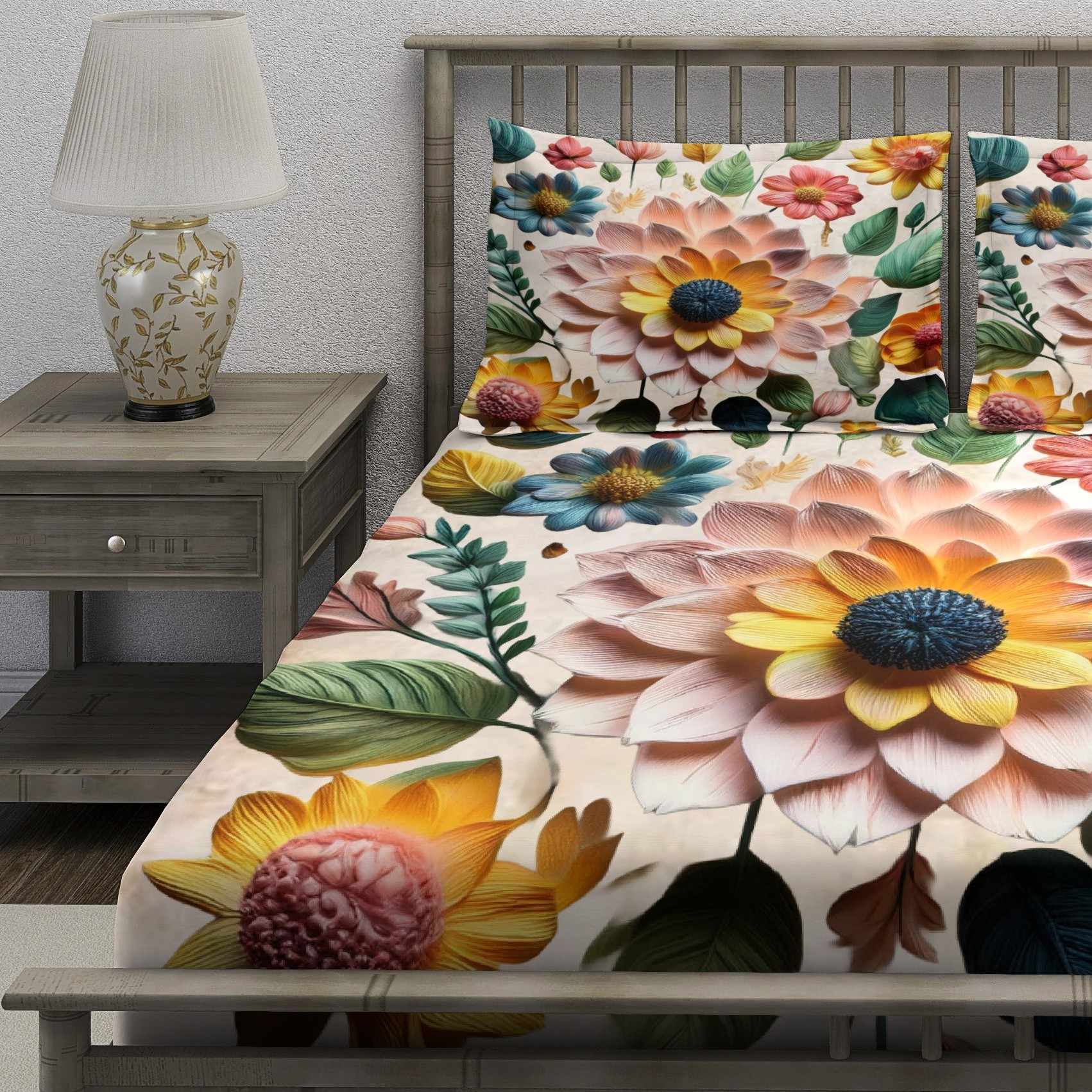 White Multicolor 3D Dahlia Garden Bedsheet - Image 3