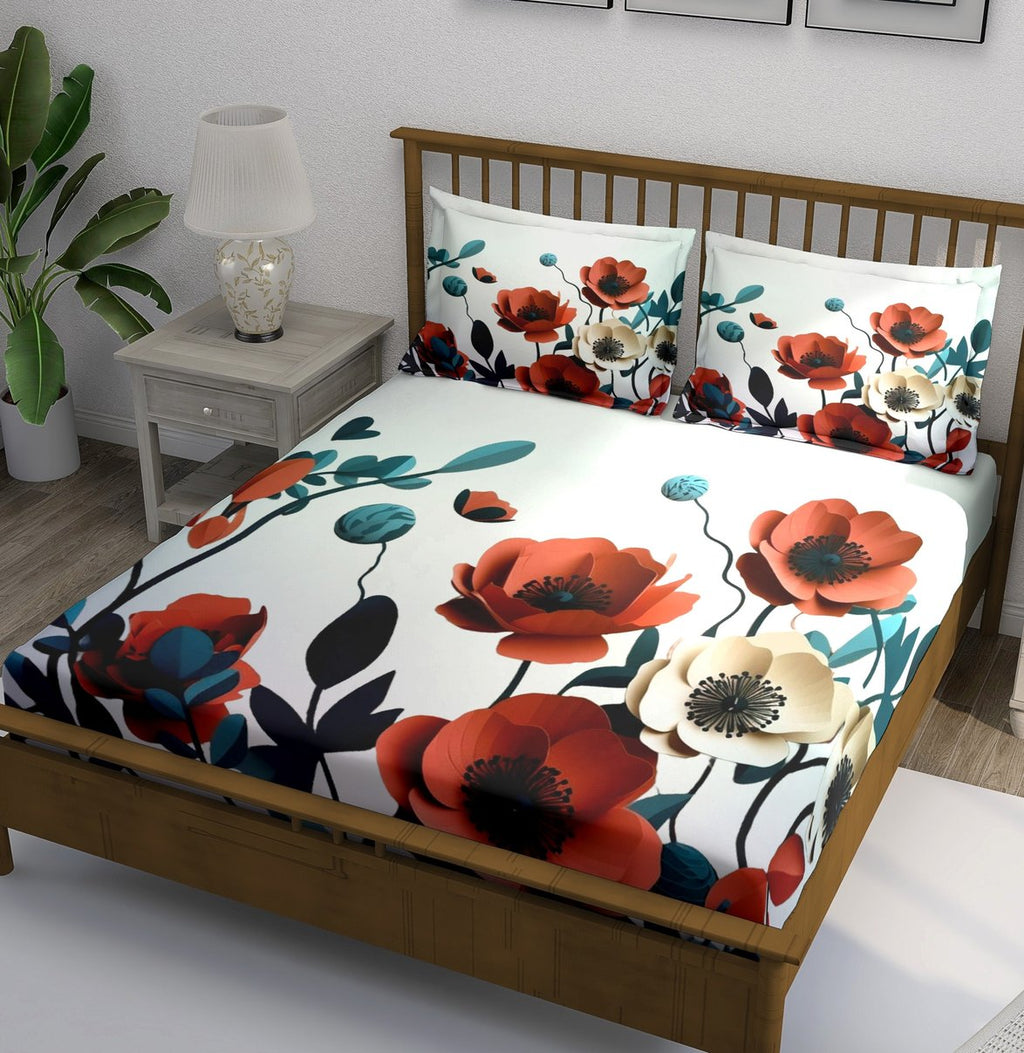 White Red Orange Poppy Botanical Bedsheet - Image 1