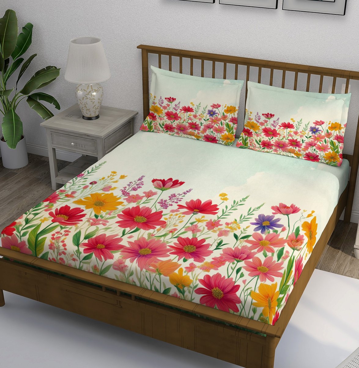 Cream Colorful Wildflower Garden Bedsheet - Image 1