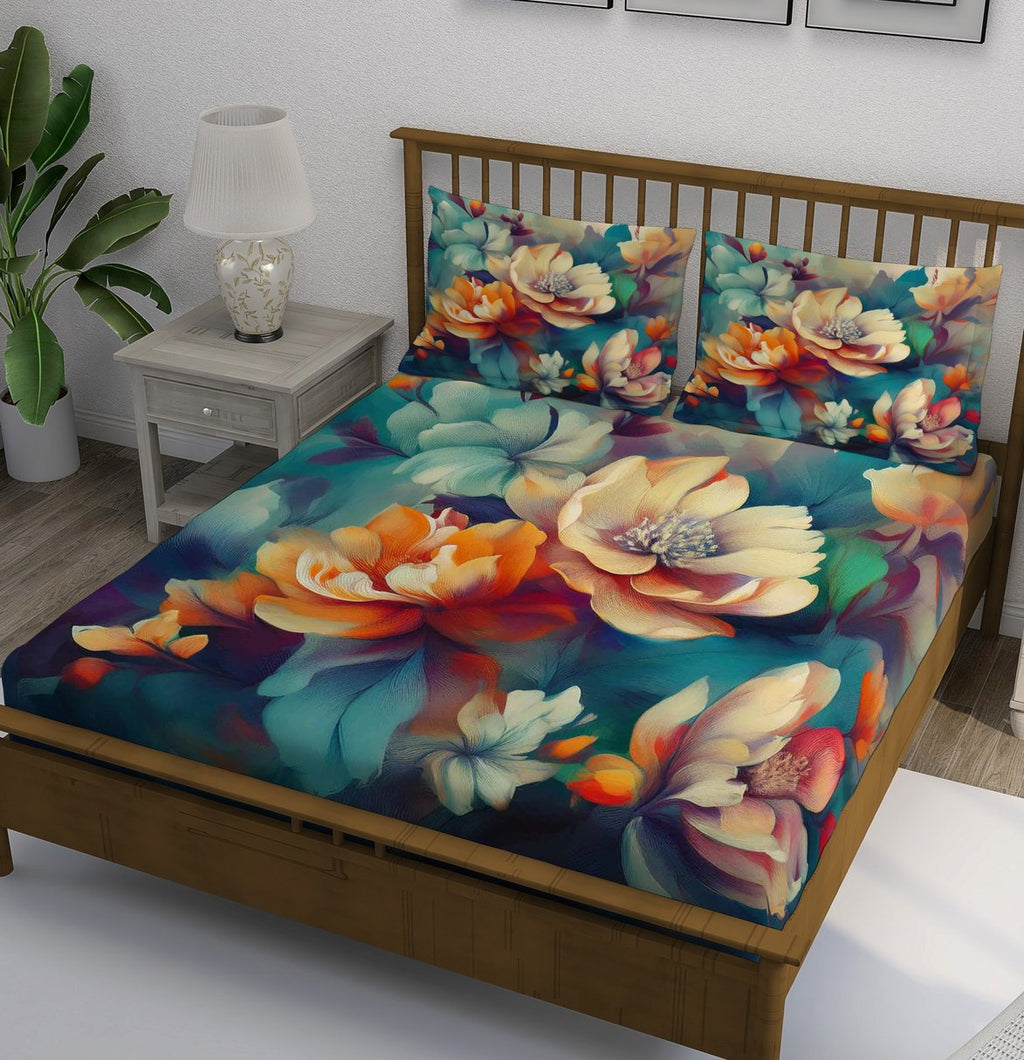 Teal Vibrant Multicolor Flower Bedsheet - Image 1