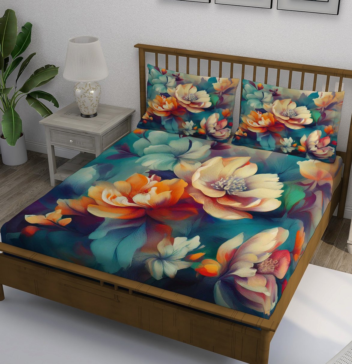 Teal Vibrant Multicolor Flower Bedsheet - Image 1