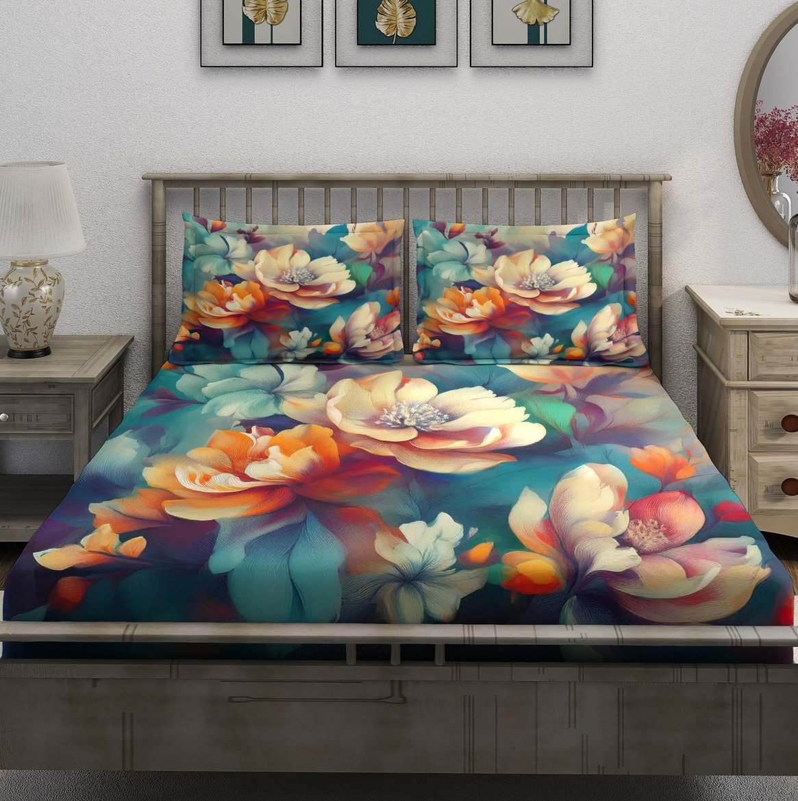 Teal Vibrant Multicolor Flower Bedsheet - Image 2