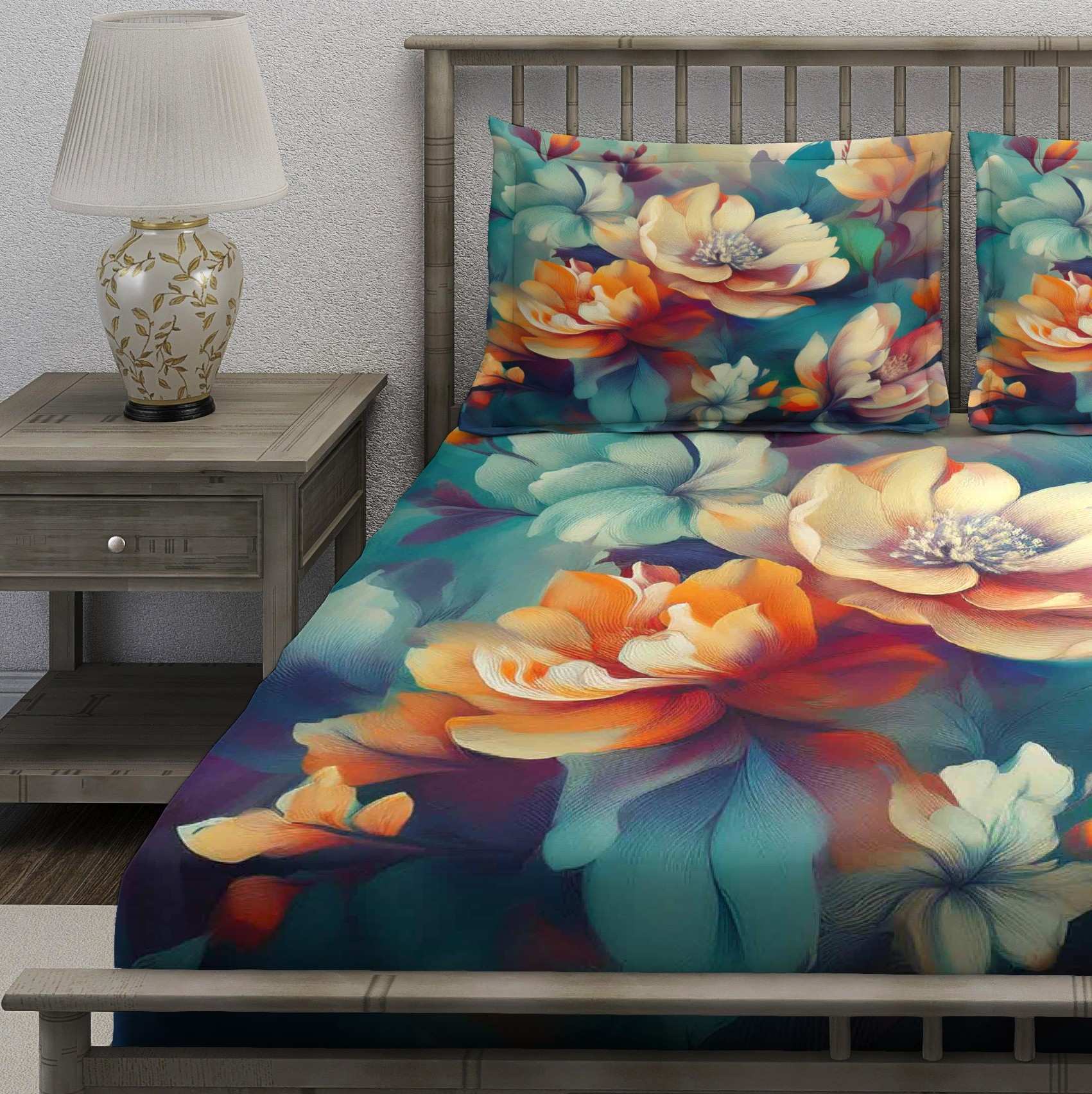 Teal Vibrant Multicolor Flower Bedsheet - Image 3