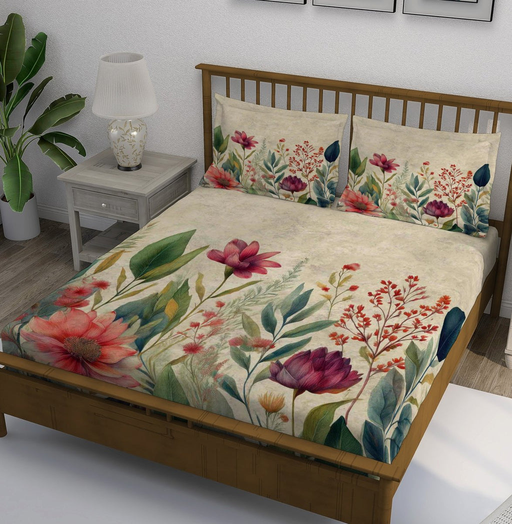 Cream Garden Floral Border Bedsheet - Image 1