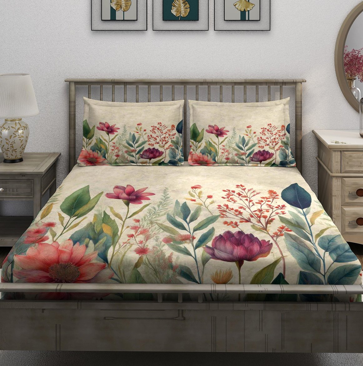Cream Garden Floral Border Bedsheet - Image 2