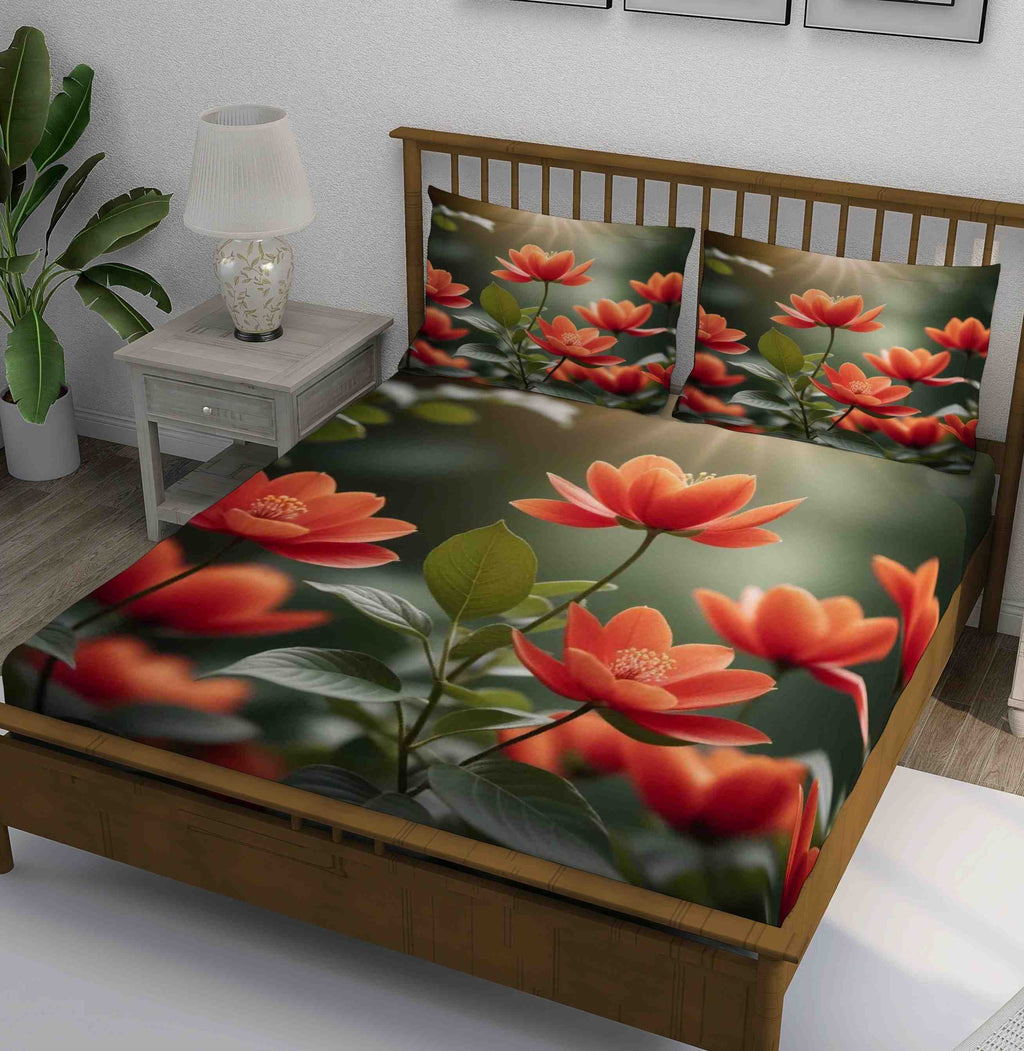 Dark Green Coral Rose Garden Bedsheet - Image 1
