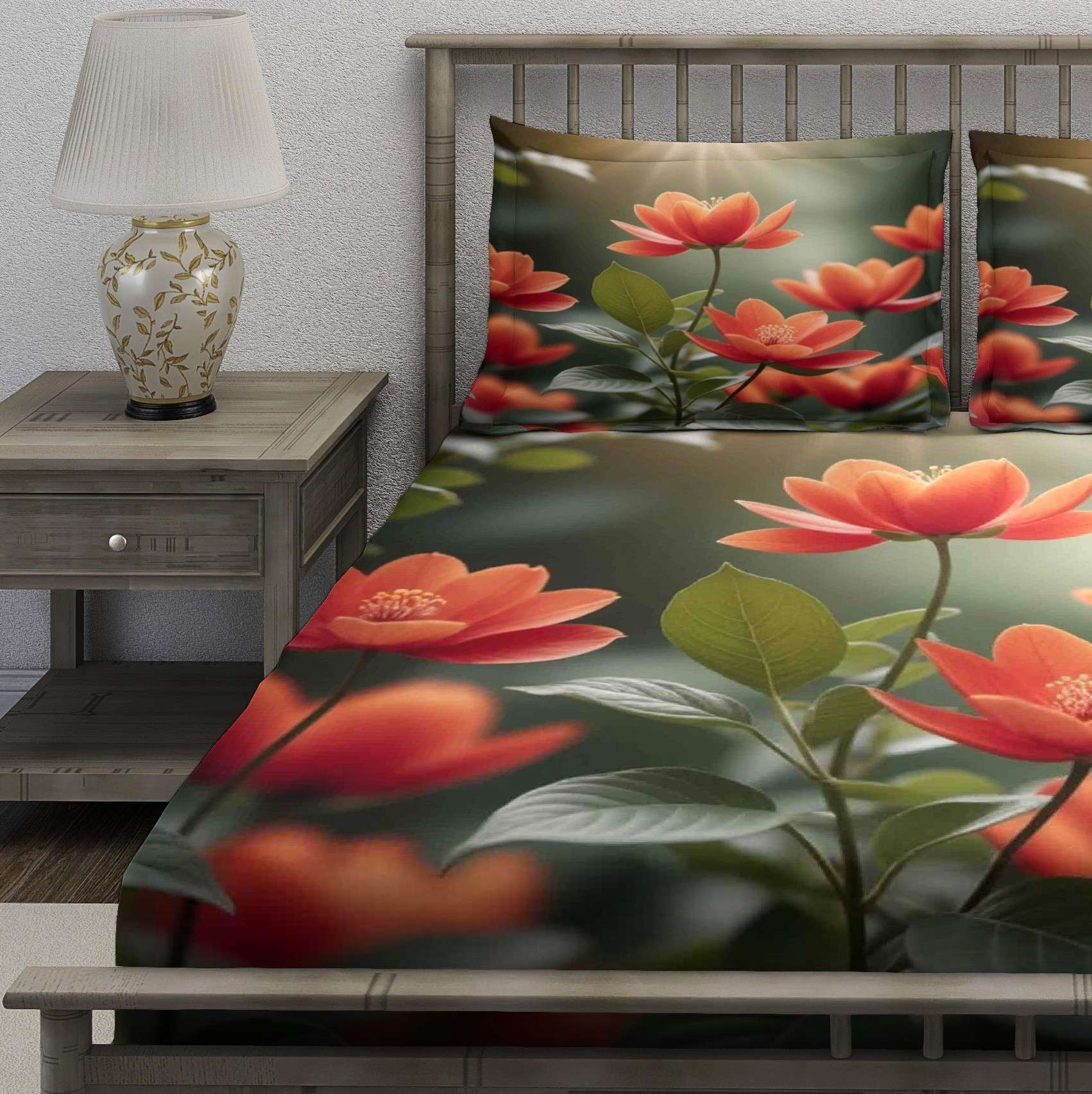 Dark Green Coral Rose Garden Bedsheet - Image 3
