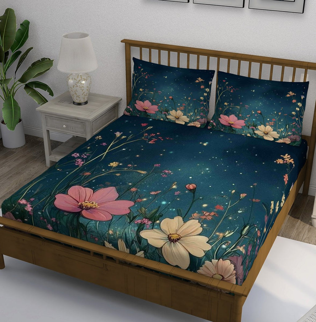 Dark Teal Night Garden Floral Bedsheet - Image 1