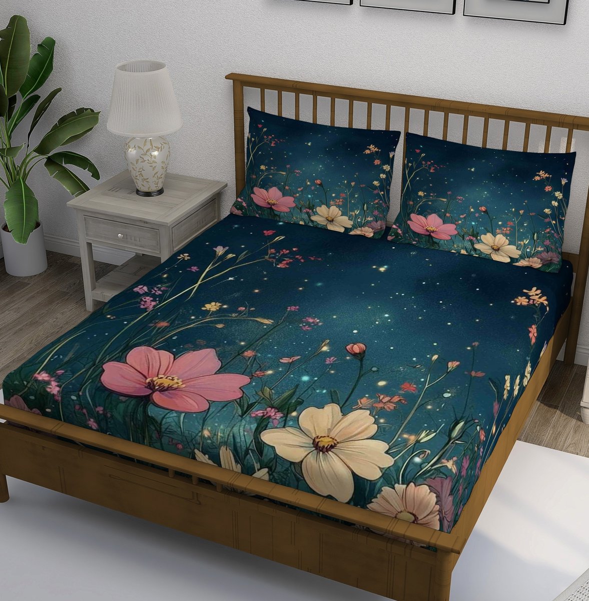Dark Teal Night Garden Floral Bedsheet - Image 1