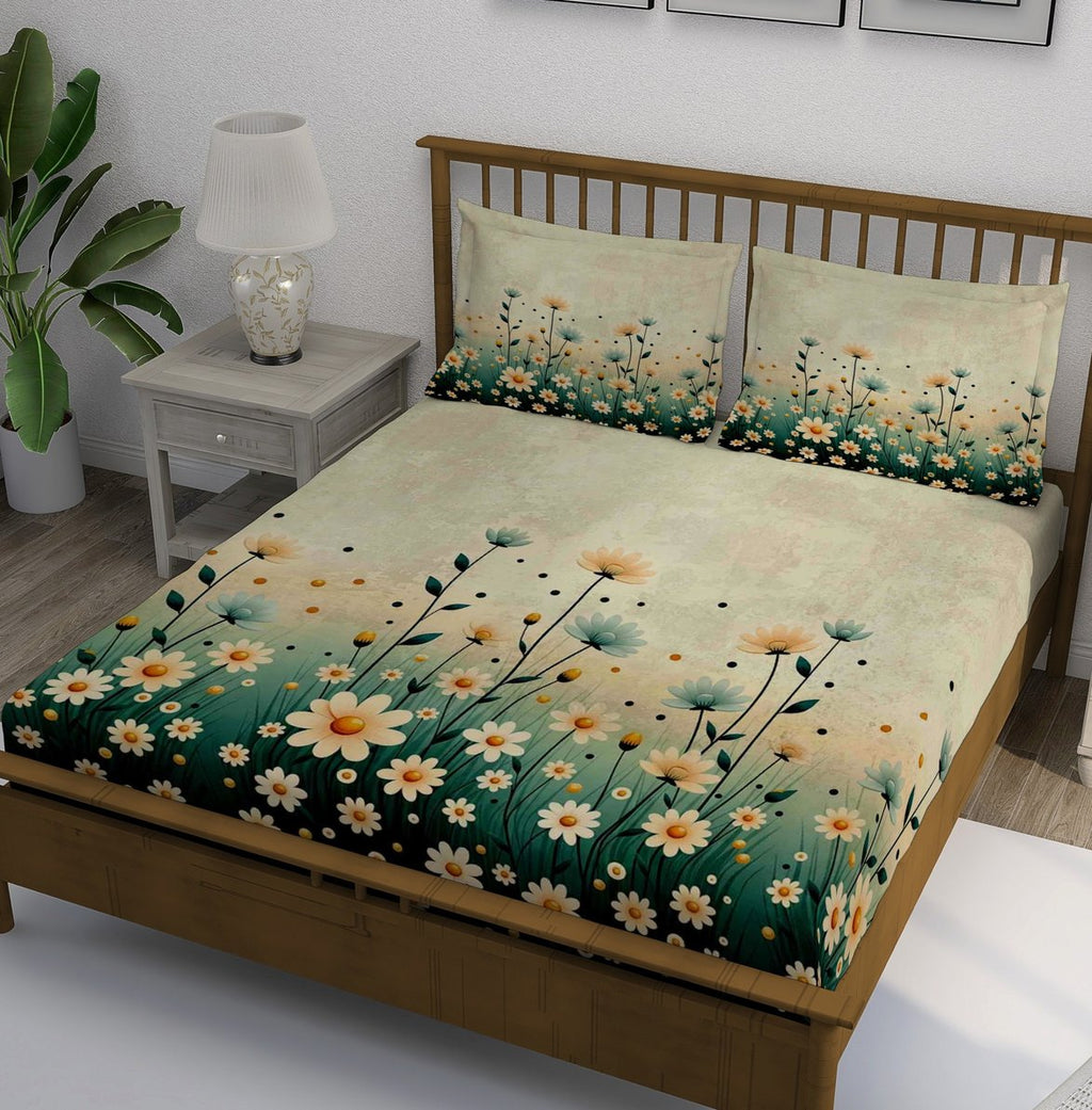 Cream Green Daisy Field Bedsheet - Image 1