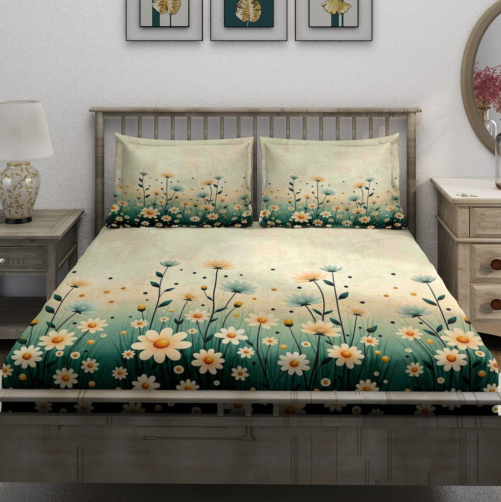 Cream Green Daisy Field Bedsheet - Image 2