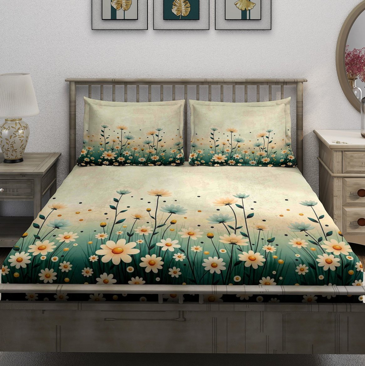 Cream Green Daisy Field Bedsheet - Image 2