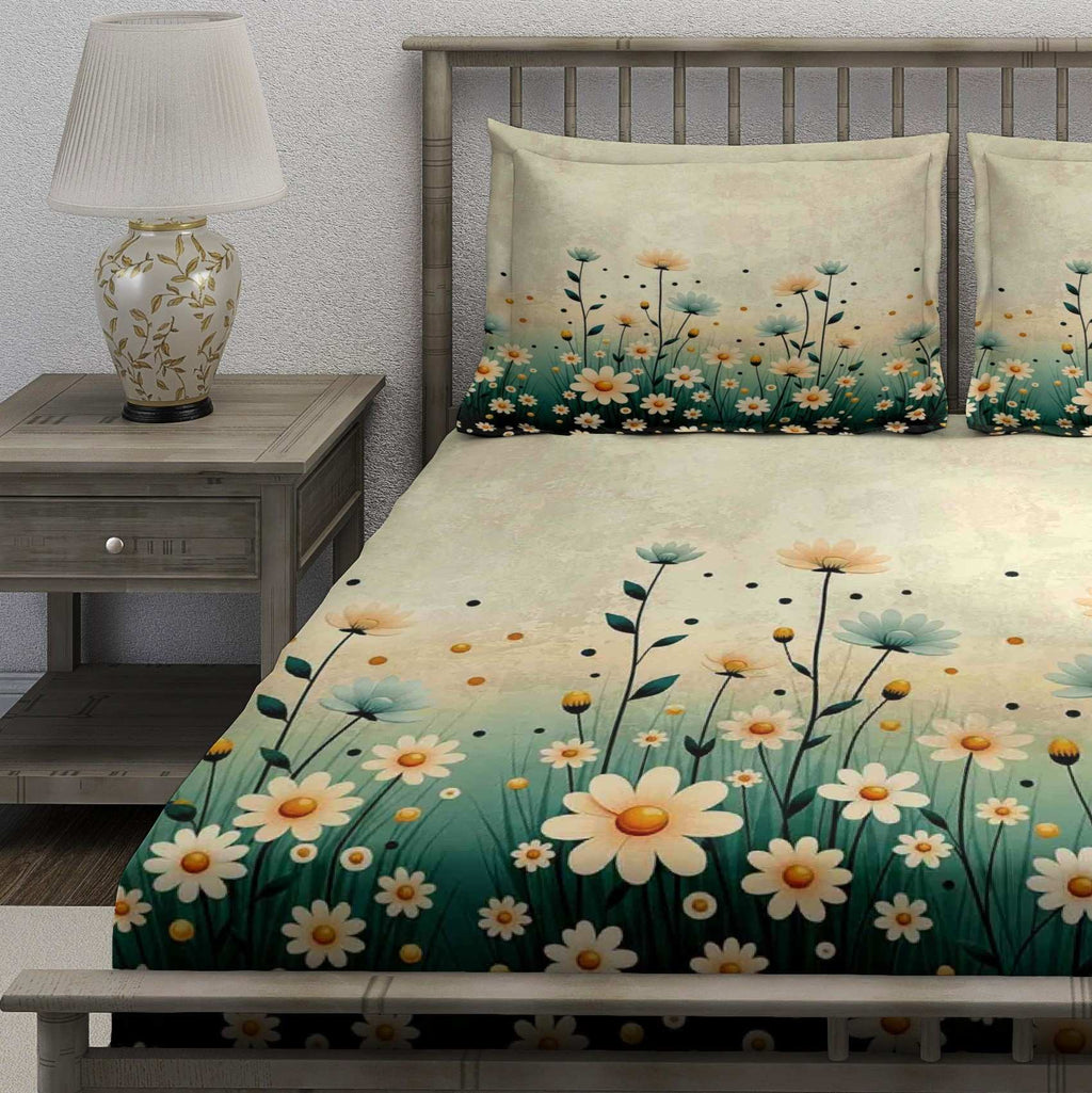 Cream Green Daisy Field Bedsheet - Image 3