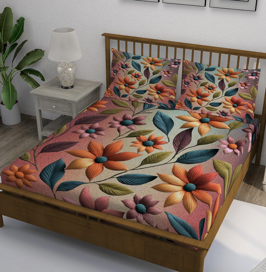 Mauve Multicolor 3D Flower Bedsheet - Image 1