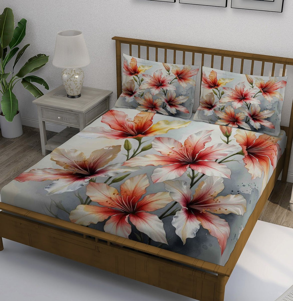 Gray Coral Hibiscus Floral Bedsheet - Image 1