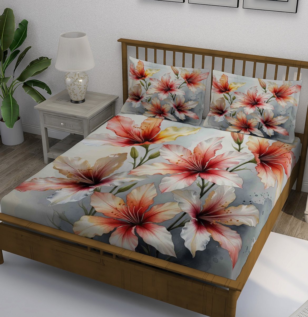 Gray Coral Hibiscus Floral Bedsheet - Image 1