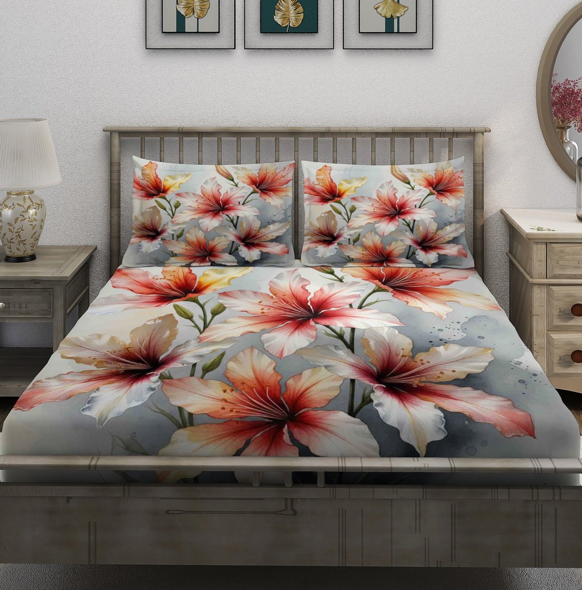 Gray Coral Hibiscus Floral Bedsheet - Image 2
