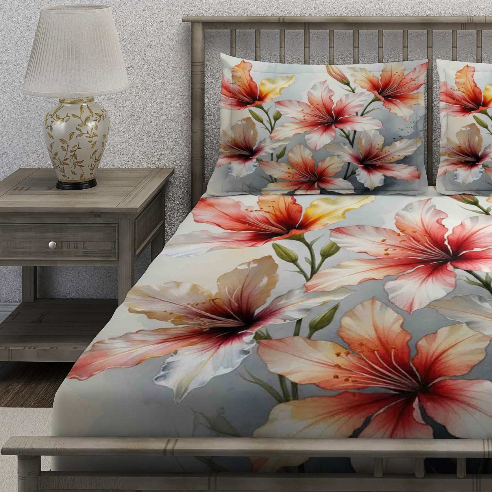 Gray Coral Hibiscus Floral Bedsheet - Image 3