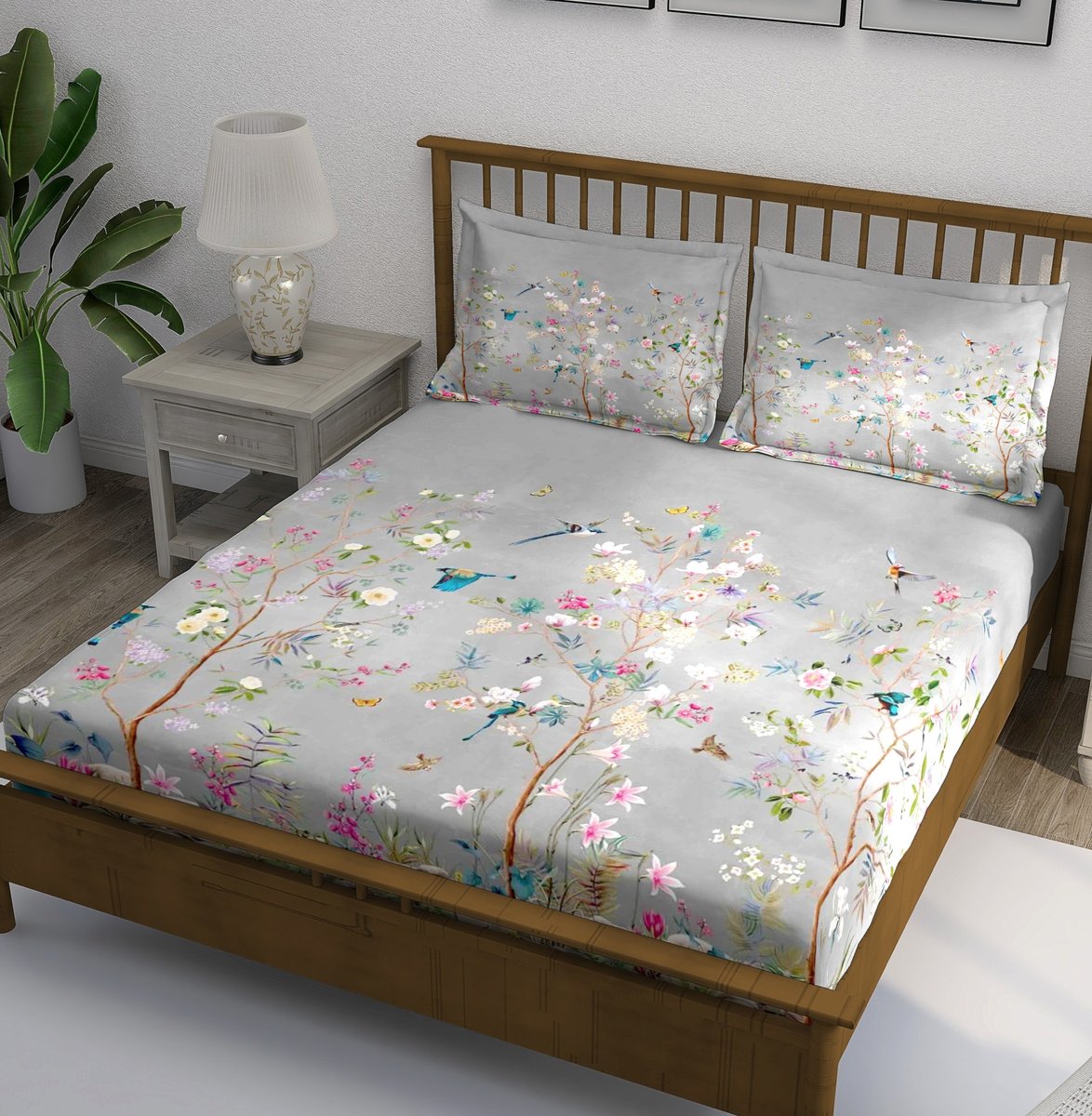 Whimsical Garden Birds and Flowers Bedsheet - Image 1