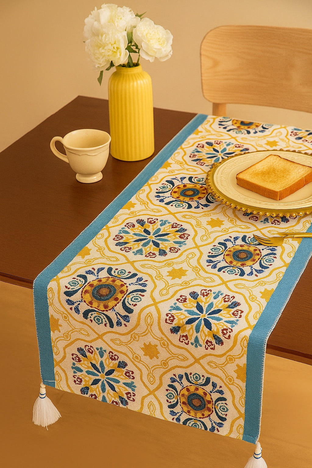 Blue Moroccan Tile Pattern Table Runner with Tassels - Image 1