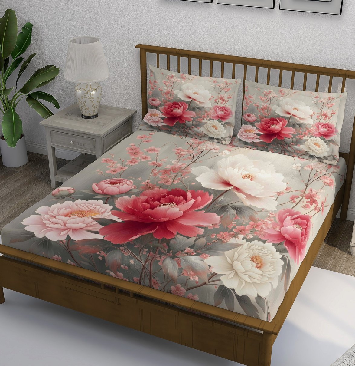 Gray Pink Peony Garden Bedsheet - Image 1