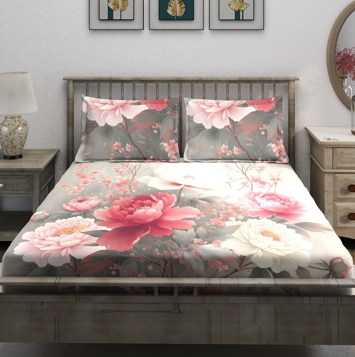 Gray Pink Peony Garden Bedsheet - Image 2