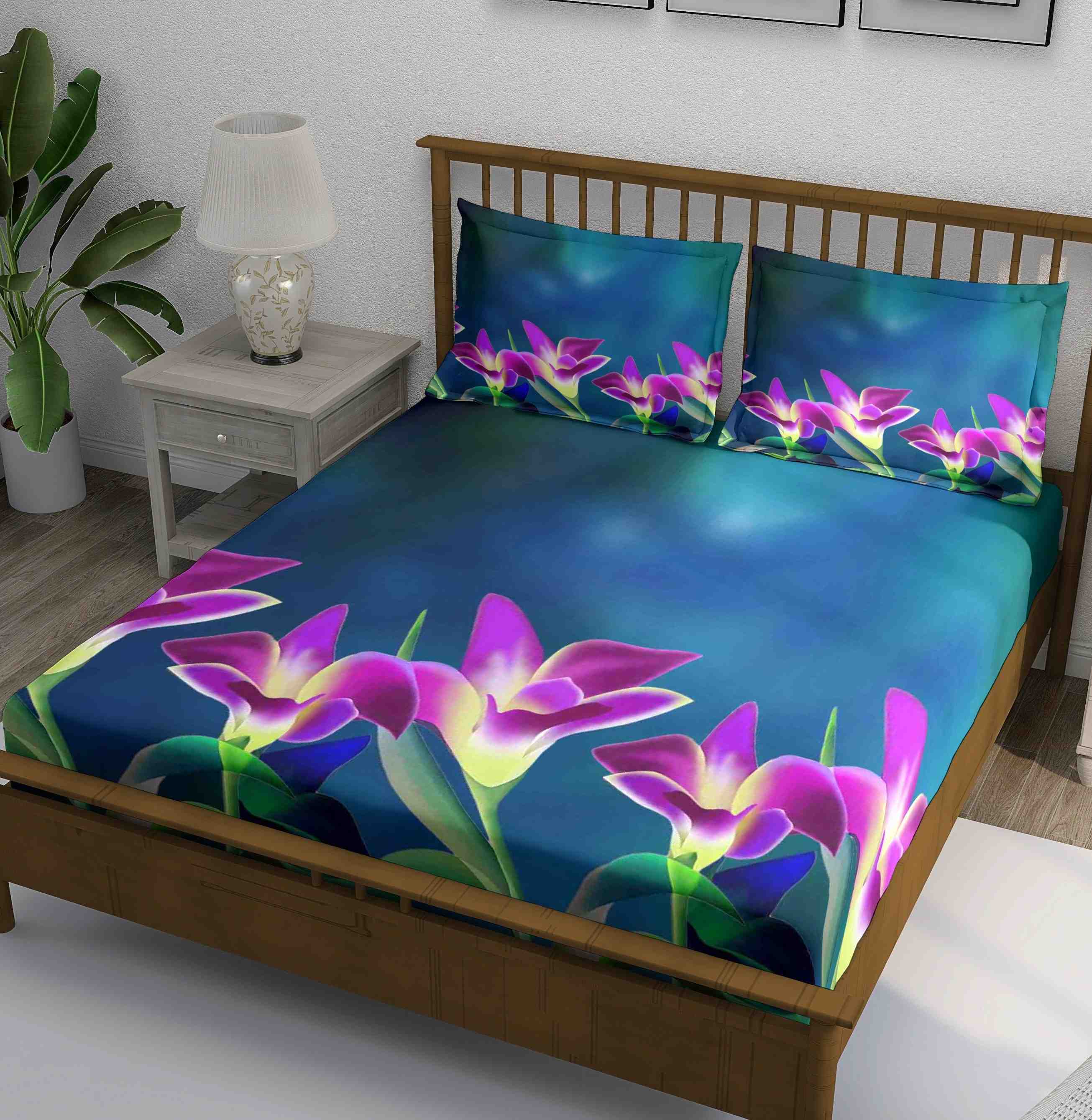 Deep Blue Purple Tulip Floral Bedsheet - Image 1
