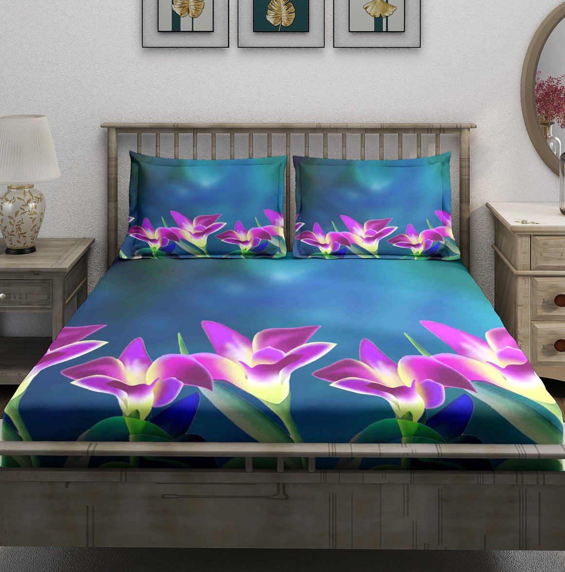 Deep Blue Purple Tulip Floral Bedsheet - Image 2