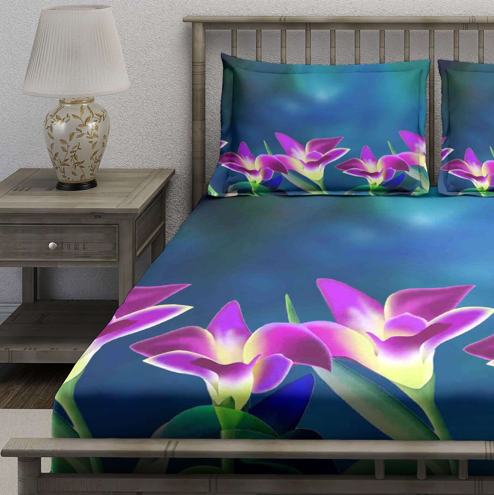 Deep Blue Purple Tulip Floral Bedsheet - Image 3