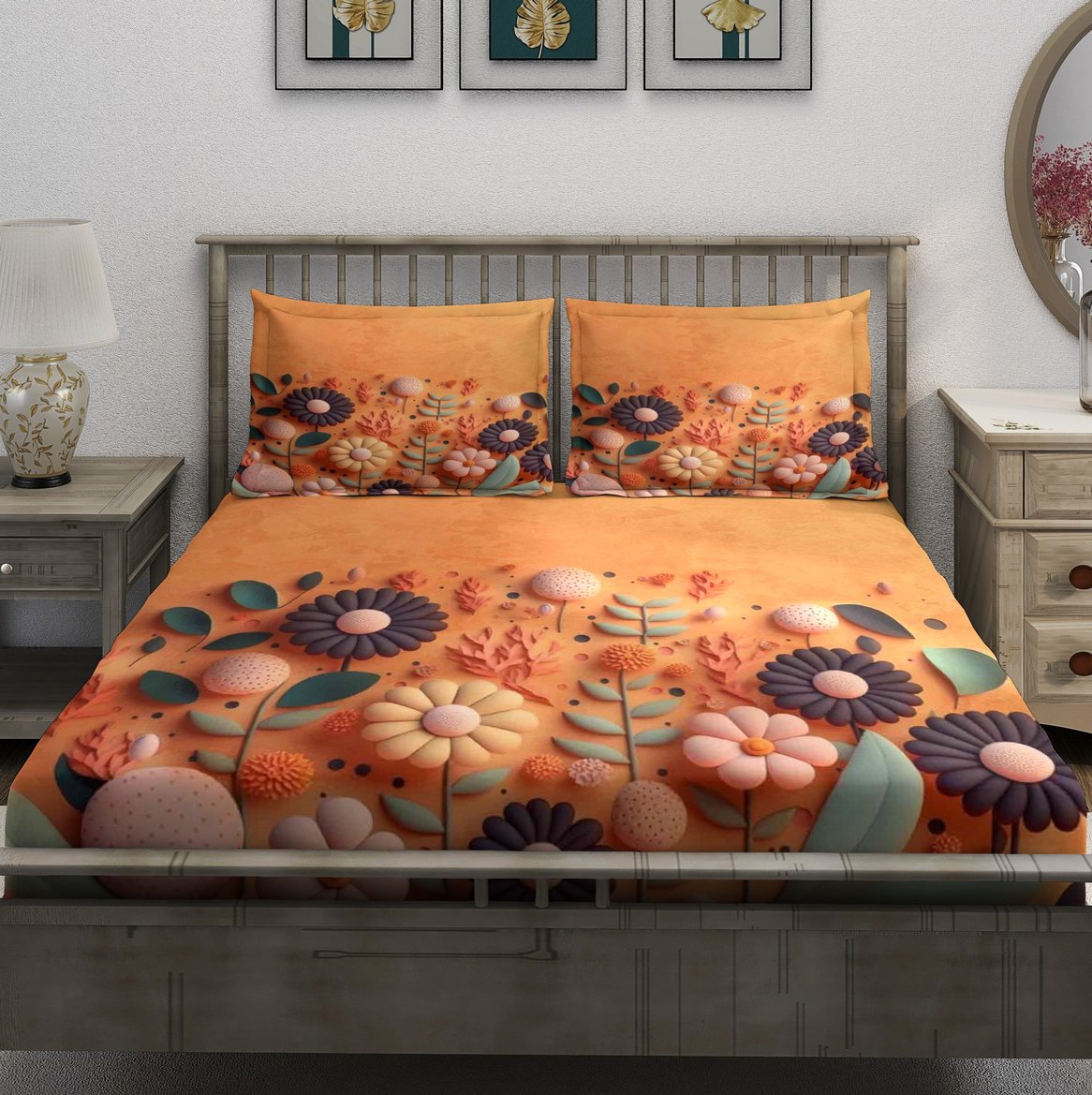 Orange Decorative Floral Bedsheet - Image 2