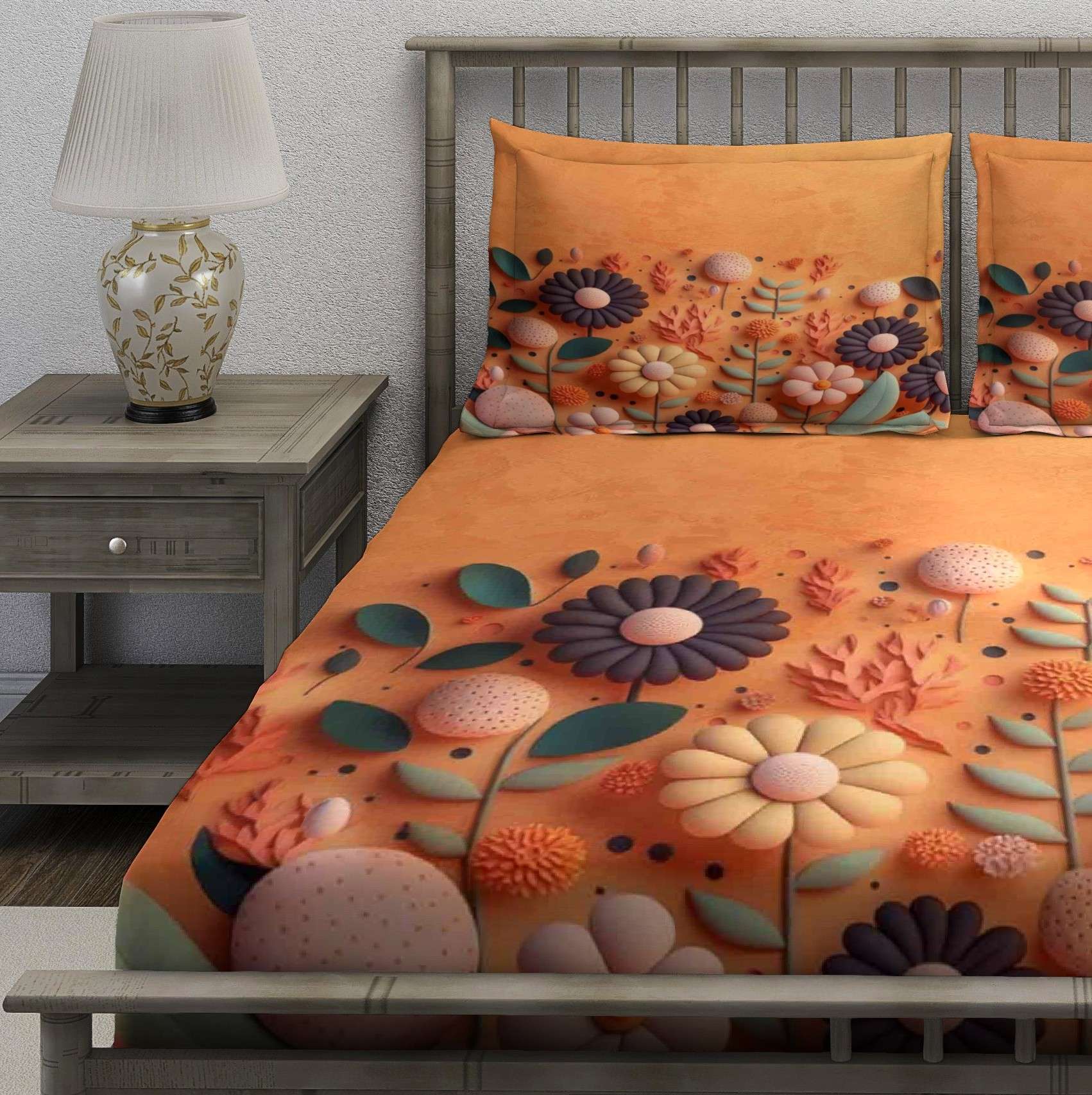 Orange Decorative Floral Bedsheet - Image 3