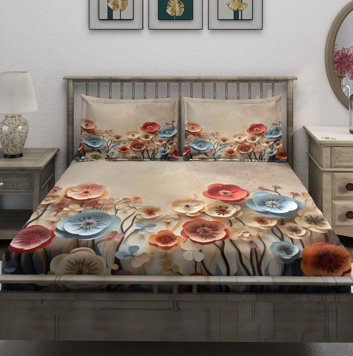 Beige Coral Blue Poppy Meadow Bedsheet - Image 2
