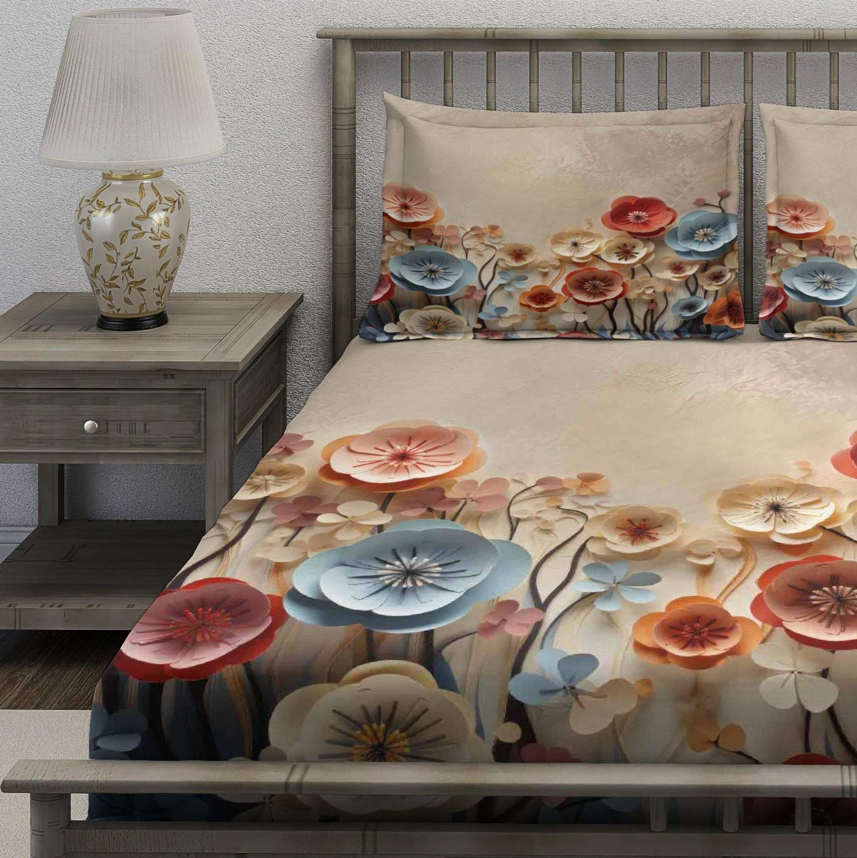 Beige Coral Blue Poppy Meadow Bedsheet - Image 3
