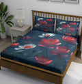 Dark Teal Red Water Lily Bedsheet - Image 1