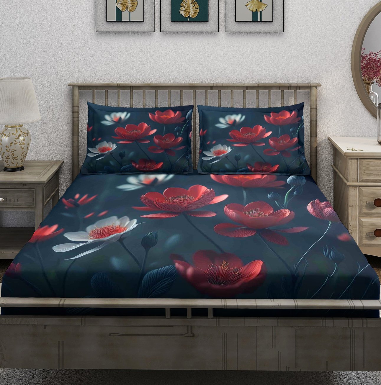 Dark Teal Red Water Lily Bedsheet - Image 2