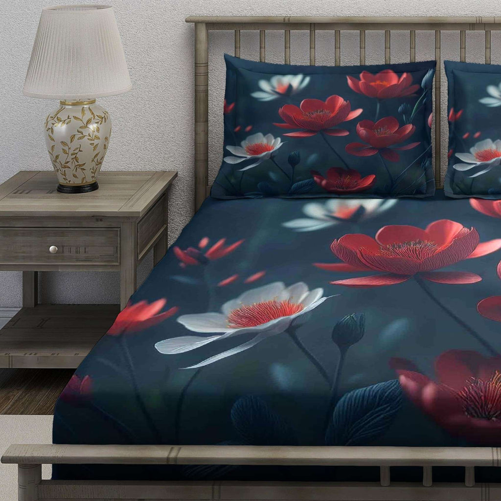 Dark Teal Red Water Lily Bedsheet - Image 3